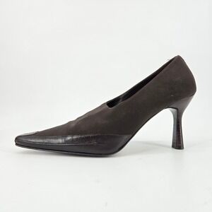 Donald J Pliner Metro S4 Pointed Toe Heels Brown Stretch Fabric Leather 8.5M Y2K